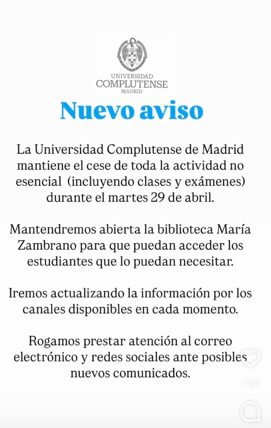 Cese de actividades el día 29 de abril de 2025 por motivo del fallo eléctrico